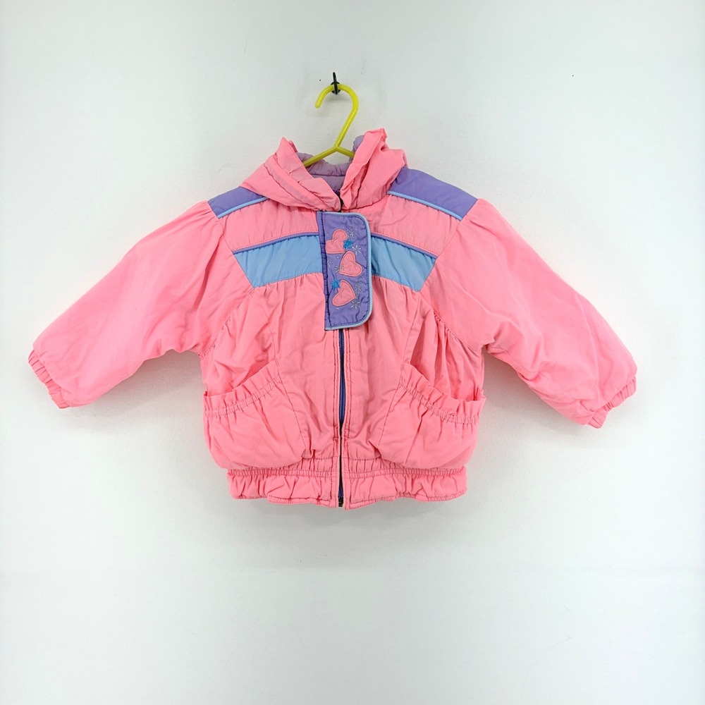 Vintage 80s Weather Tamer Girls Pink Hooded Puffer Jacket Heart Embroidery 12M